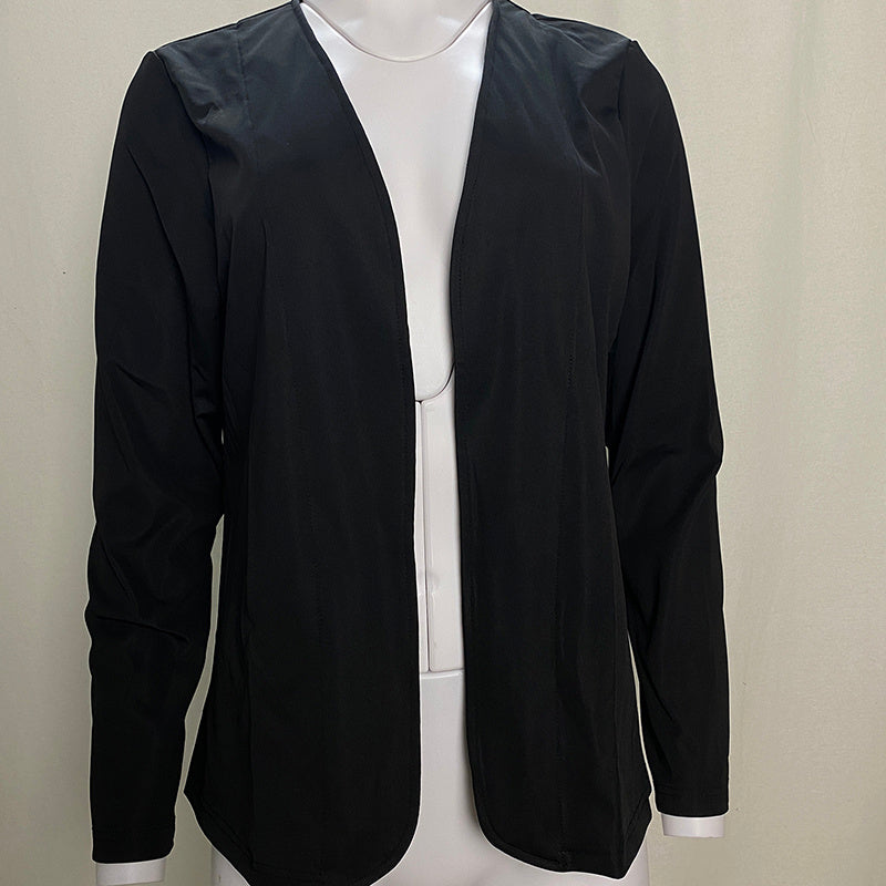 Plus Size Women's Long Sleeve Solid Color Collarless Blazer Jacket Simple Stylish Design, Essential Spring & Fall Top